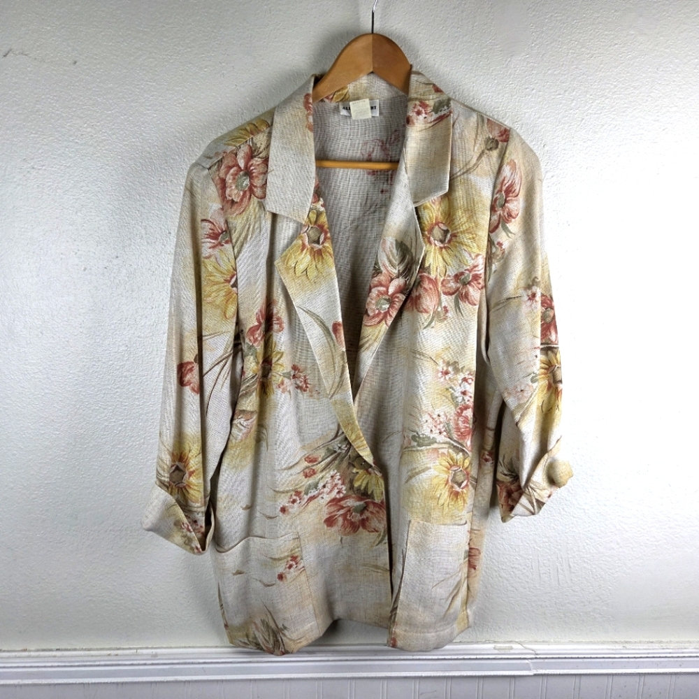 Women's Vintage AlicE Stuart Flax Blend Sunflower Floral One Button Blazer Sz MD
